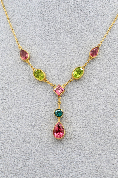 Tourmaline and peridot lavalier necklace 14K yellow gold pink blue green