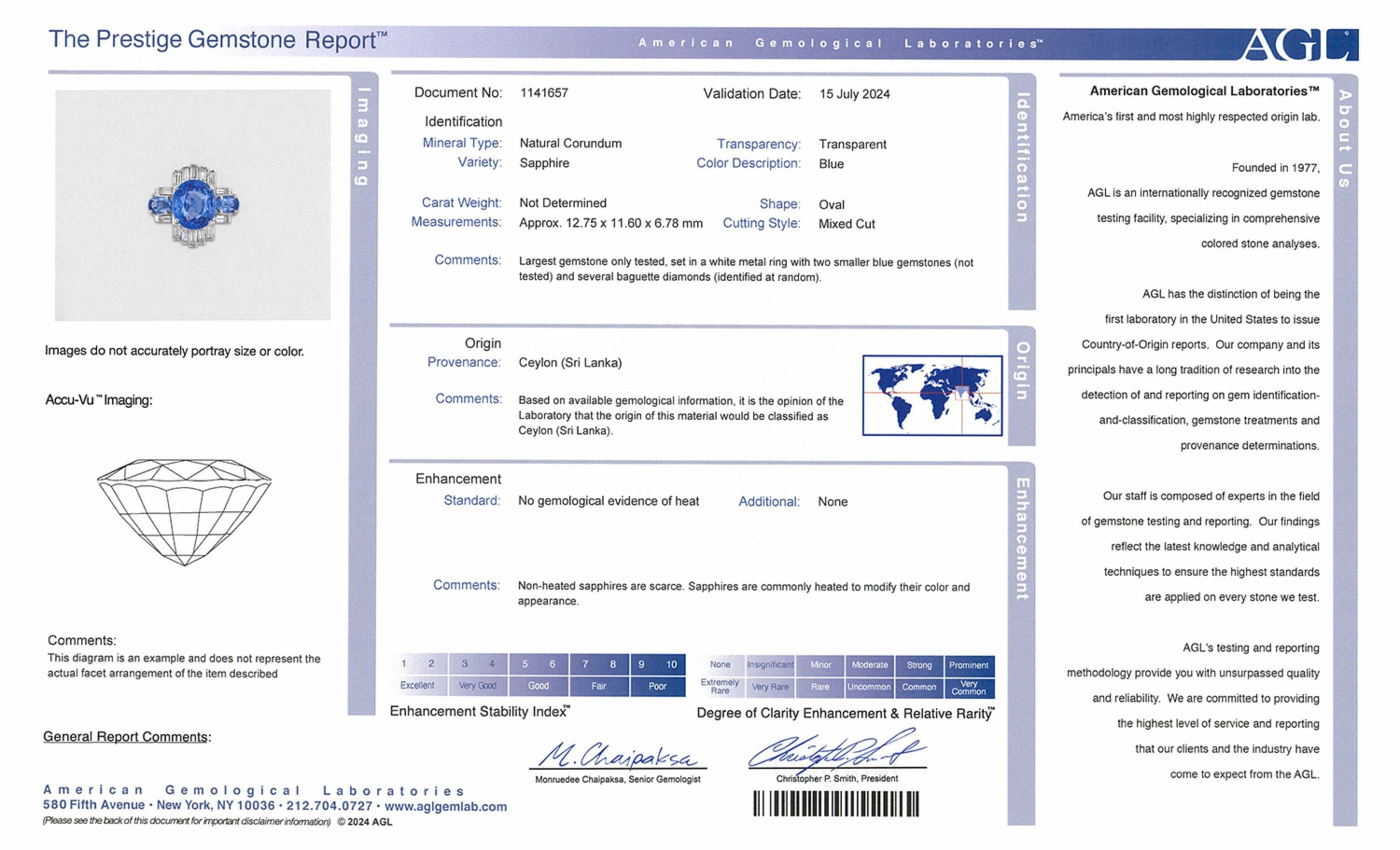 Ceylon Blue Sapphire, AGL gemological report no heat oval 8.75 ct.