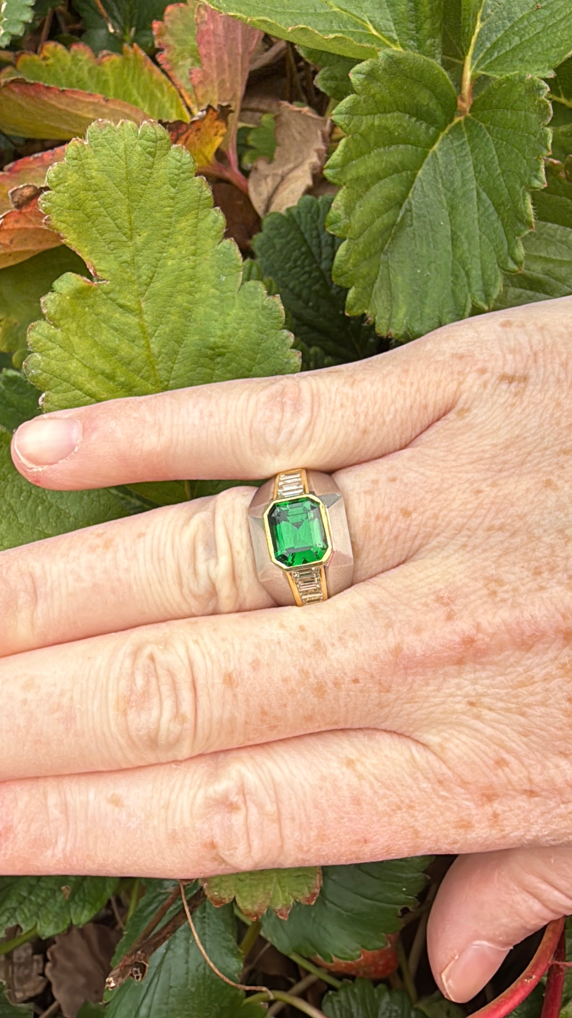 Vintage Tsavorite, Diamond, White and Yellow Gold Ring