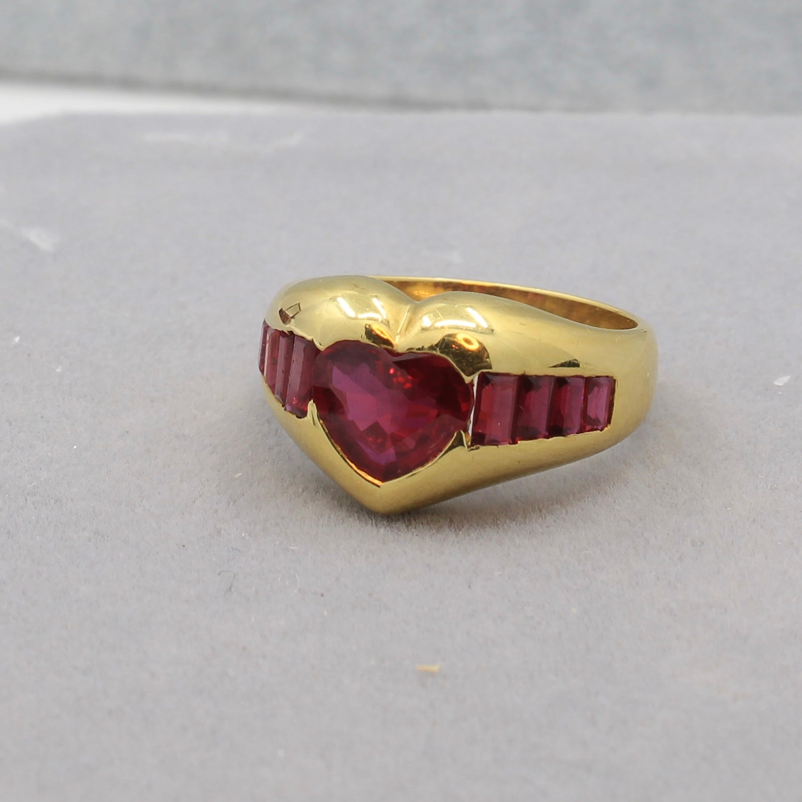 Lab Ruby ring yellow gold size 6 side rubies natural 18k angled view