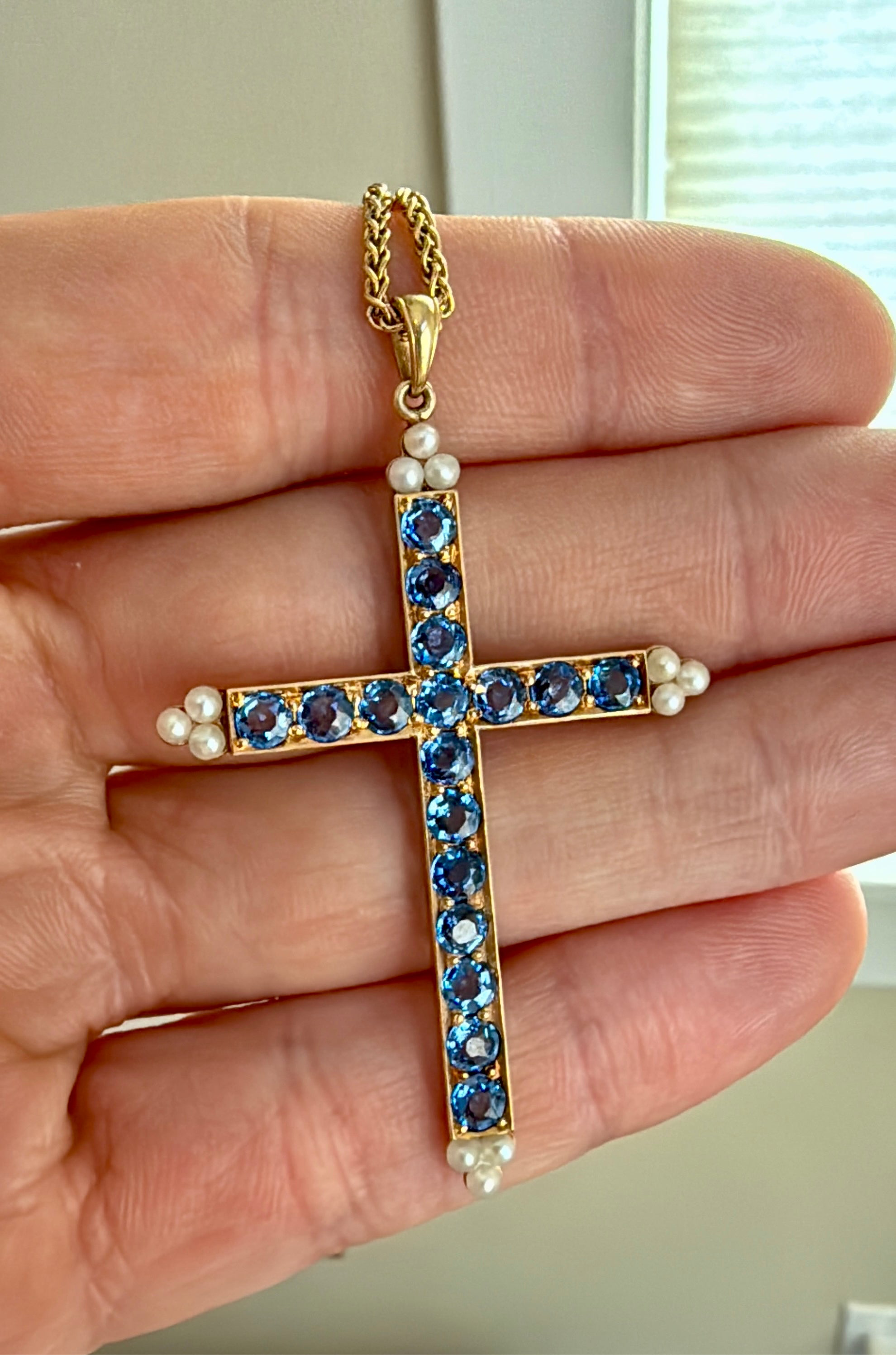 Yogo Montana blue sapphire seed pearl pendant cross 14k gold antique