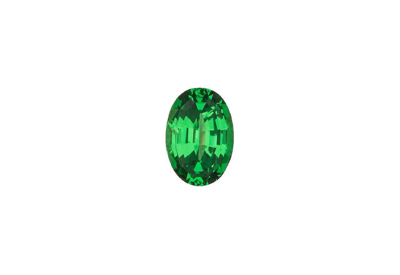 GIA Tsavorite garnet oval 3 carats vivid green in a unique step cut white background