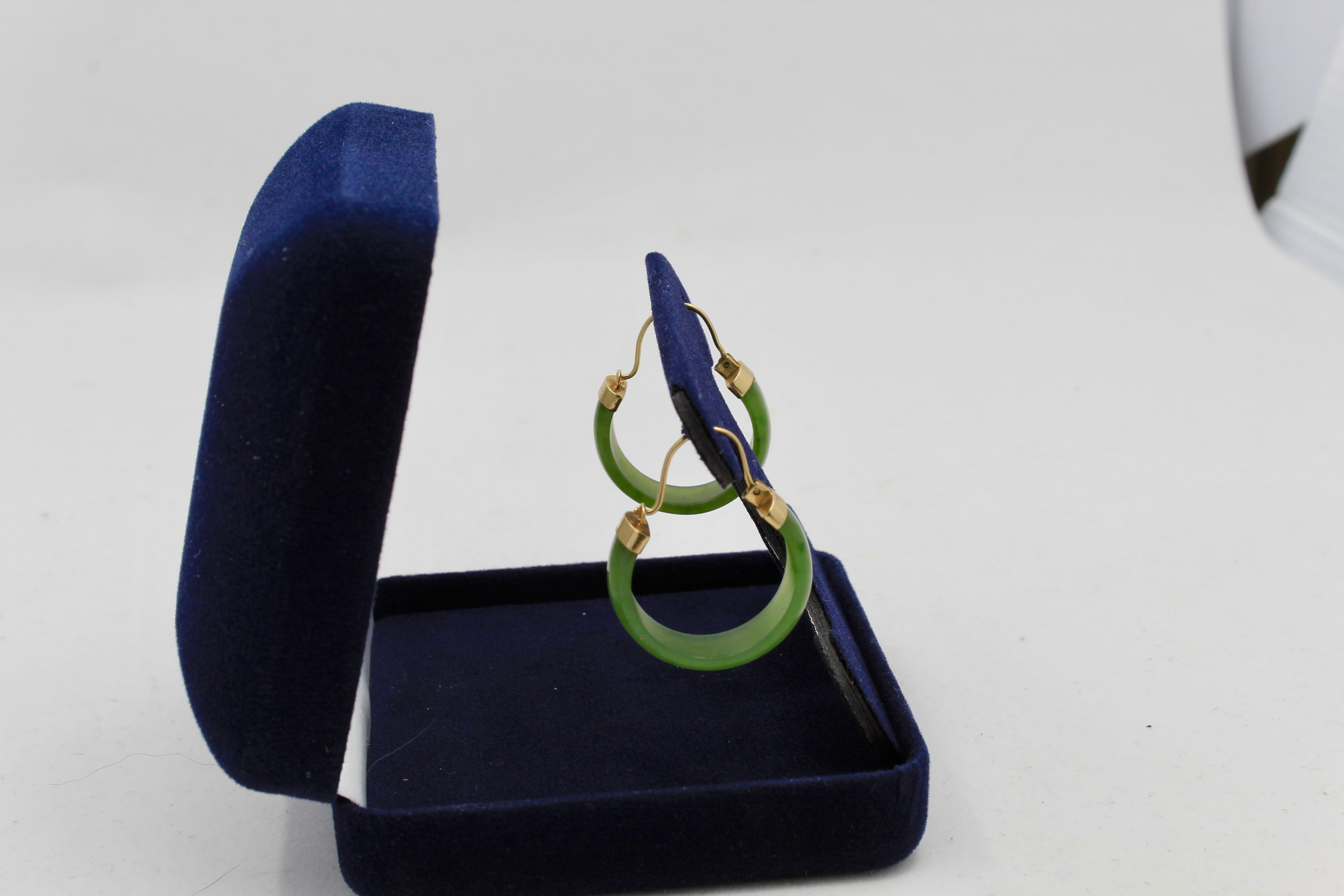 Nephrite Green Jade Hoop Earrings - 14K Gold