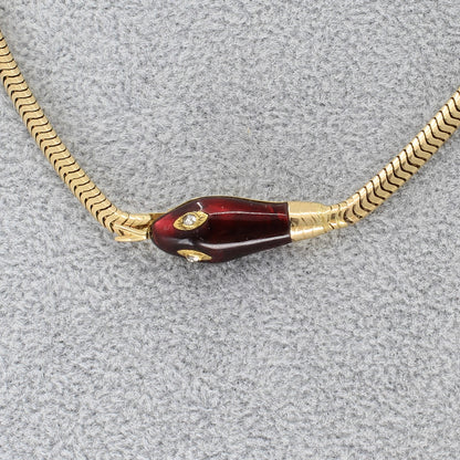 Snake Chain Necklace with Garnet and Diamond Snake - 14K Yellow Gold - 17”