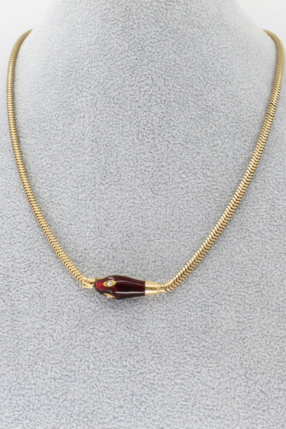 Snake Chain Necklace with Garnet and Diamond Snake - 14K Yellow Gold - 17”