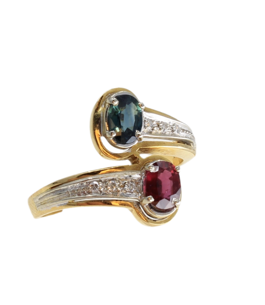 Ruby and teal sapphire 18k bypass ring yellow white gold