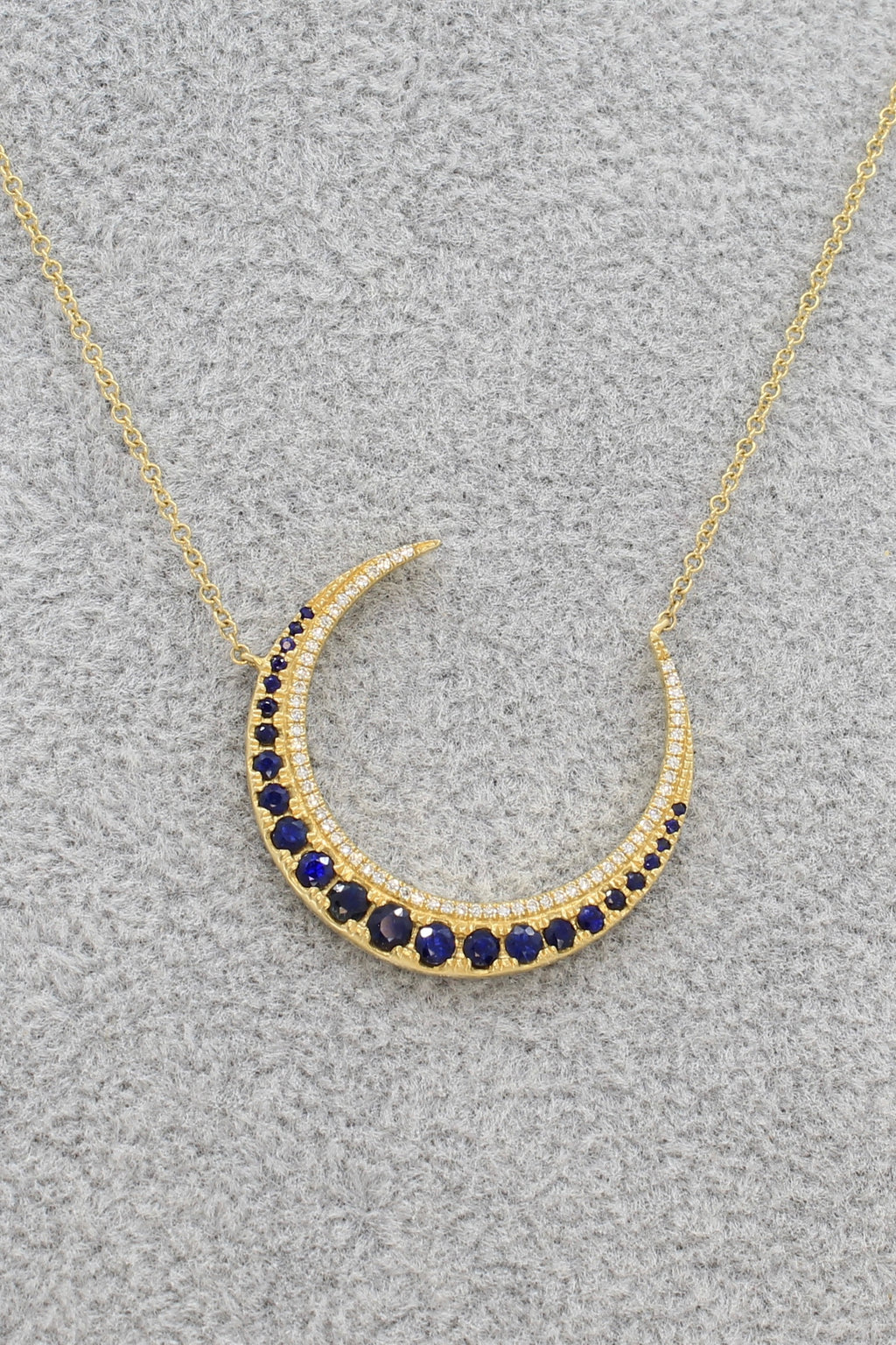 Blue Sapphire and Diamond Crescent Moon Necklace