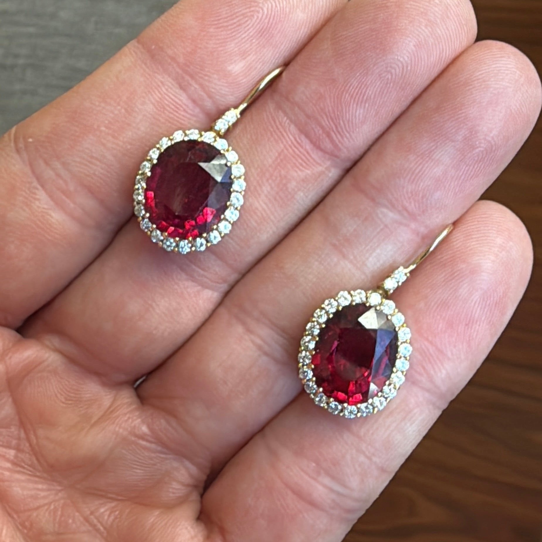 red Rubellite Tourmaline dangle earrings yellow gold