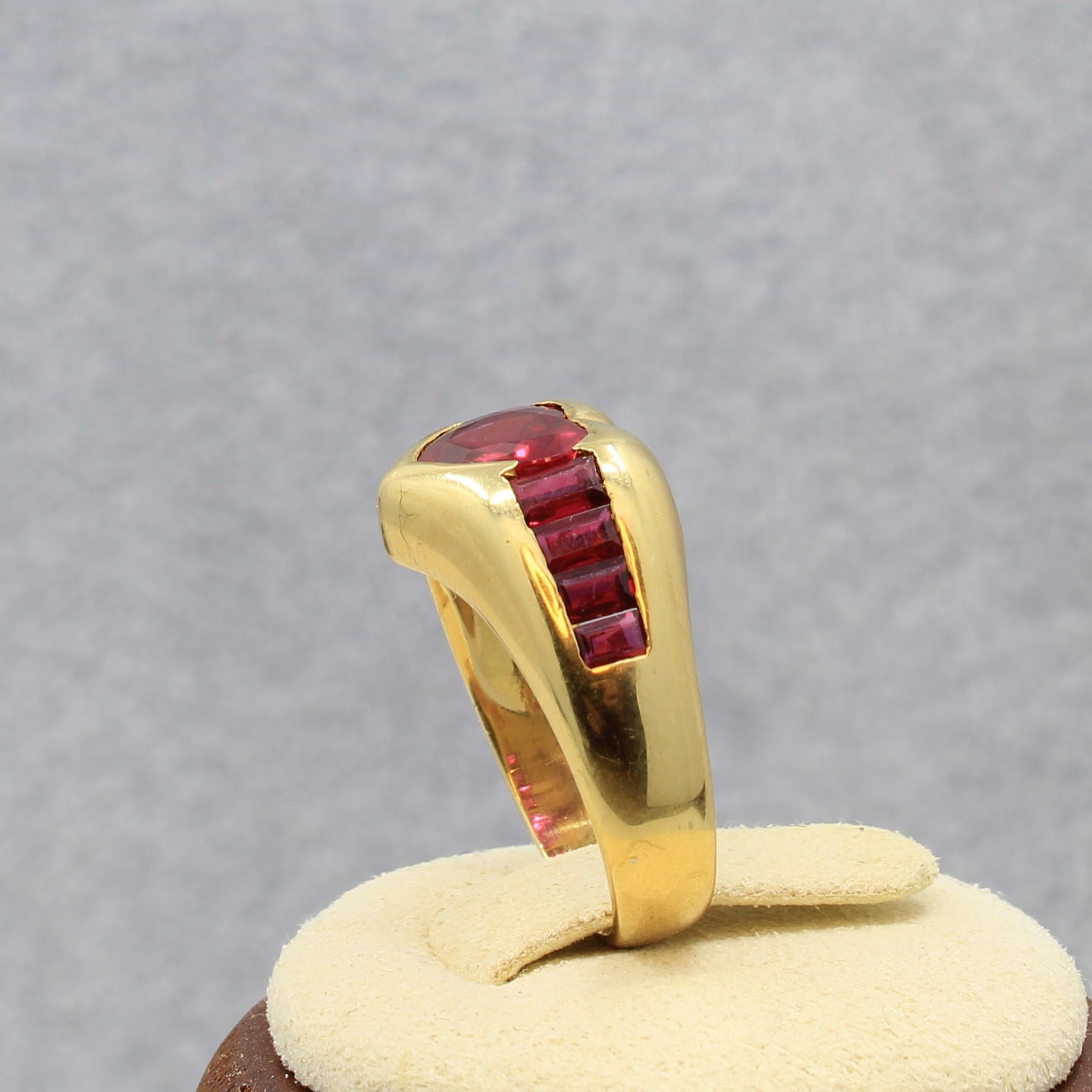 Lab Ruby ring yellow gold size 6 side rubies natural 18k right side view