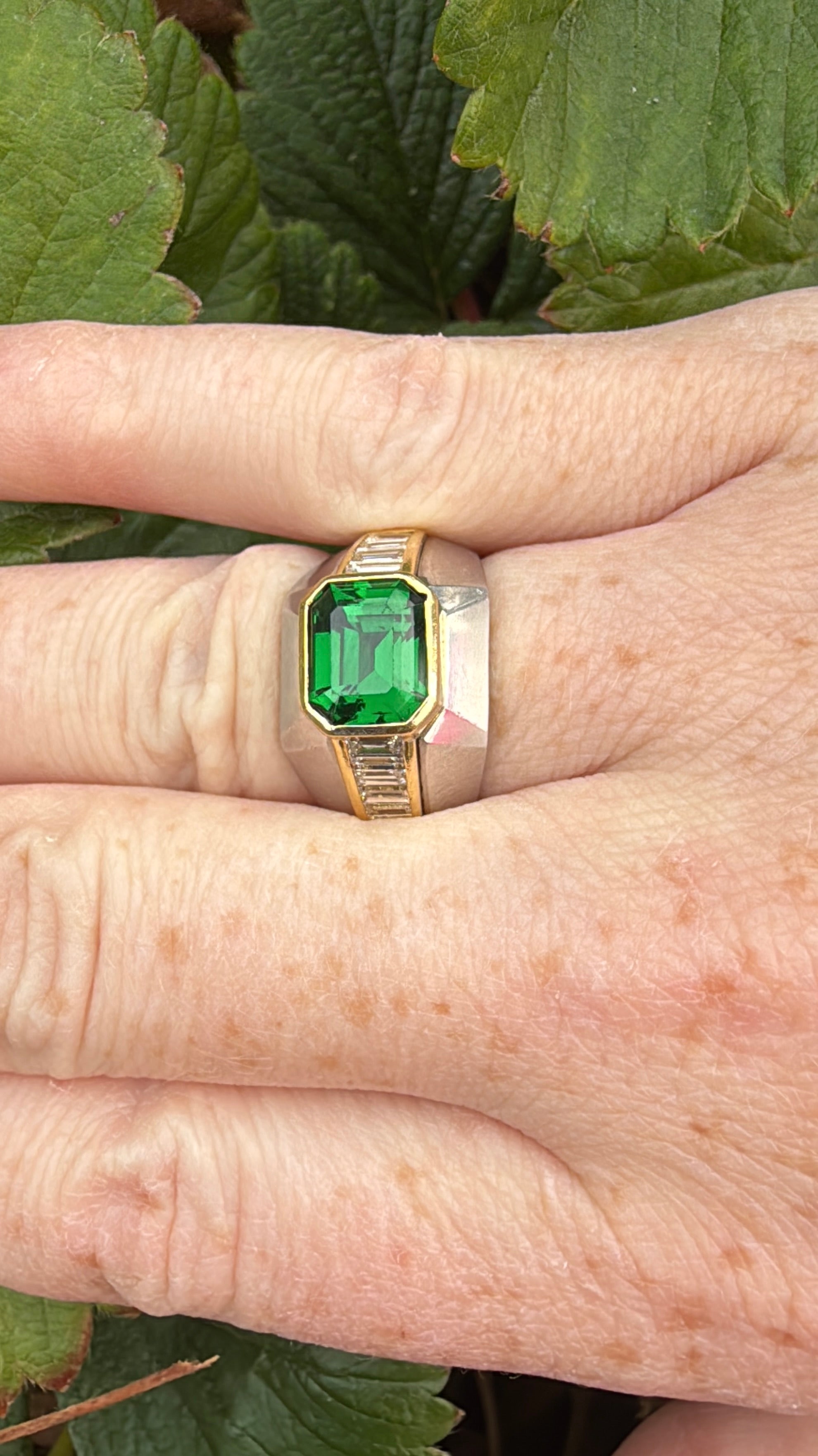 Vintage Tsavorite, Diamond, White and Yellow Gold Ring