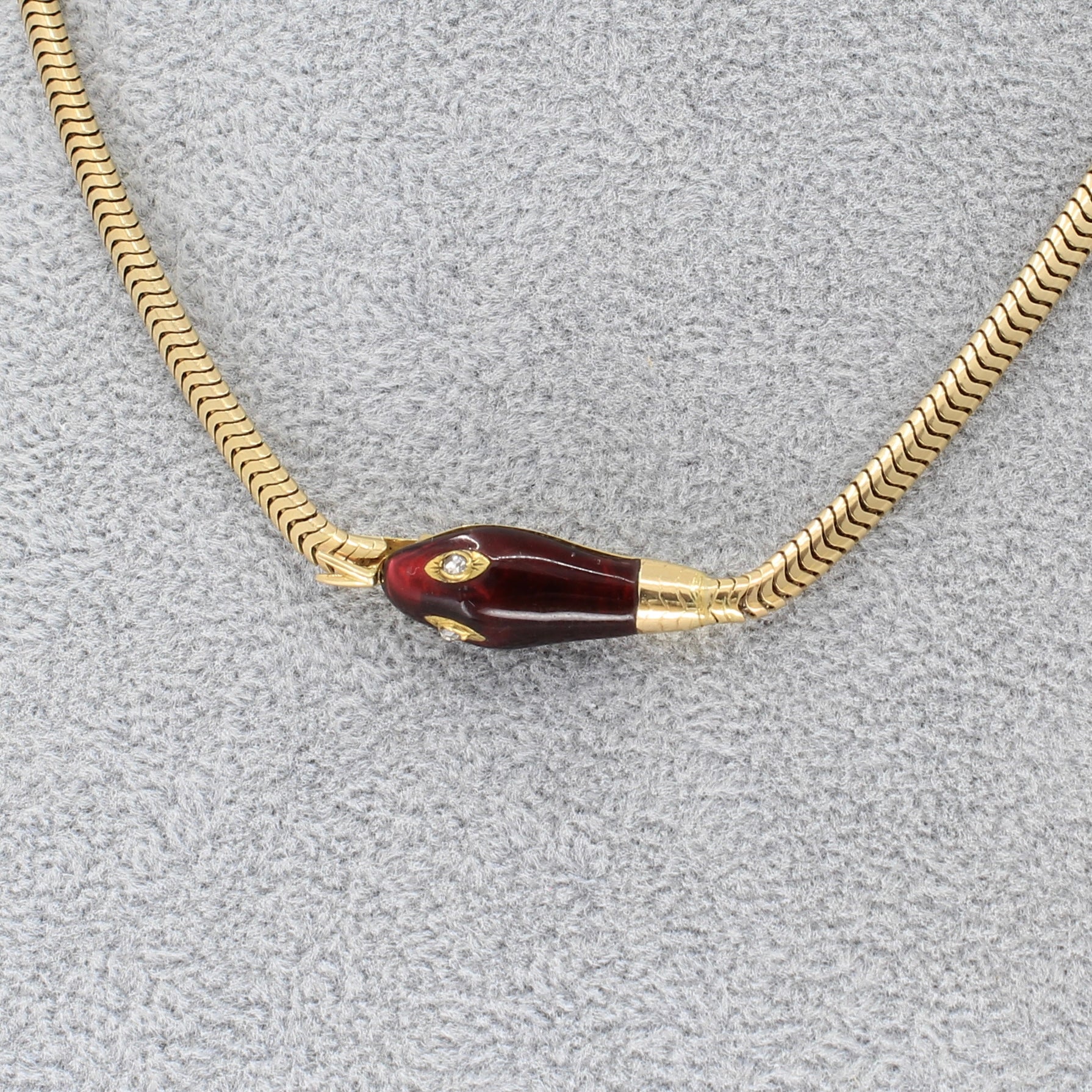 Snake Chain Necklace with Garnet and Diamond Snake - 14K Yellow Gold - 17”