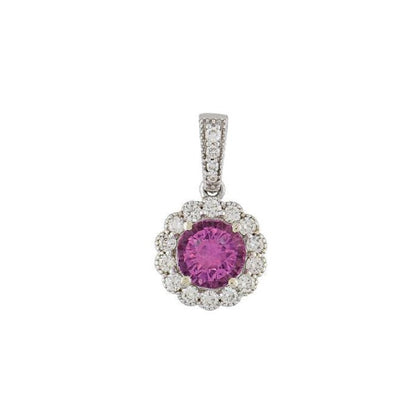 pink round sapphire pendant with a halo made of 14k white gold