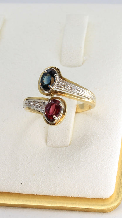 Ruby and teal sapphire 18k bypass ring yellow white gold