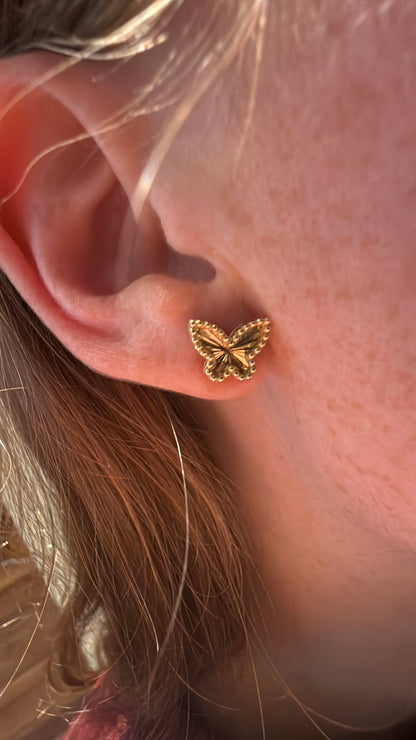 Engine Turned Butterfly Gold Stud Earrings