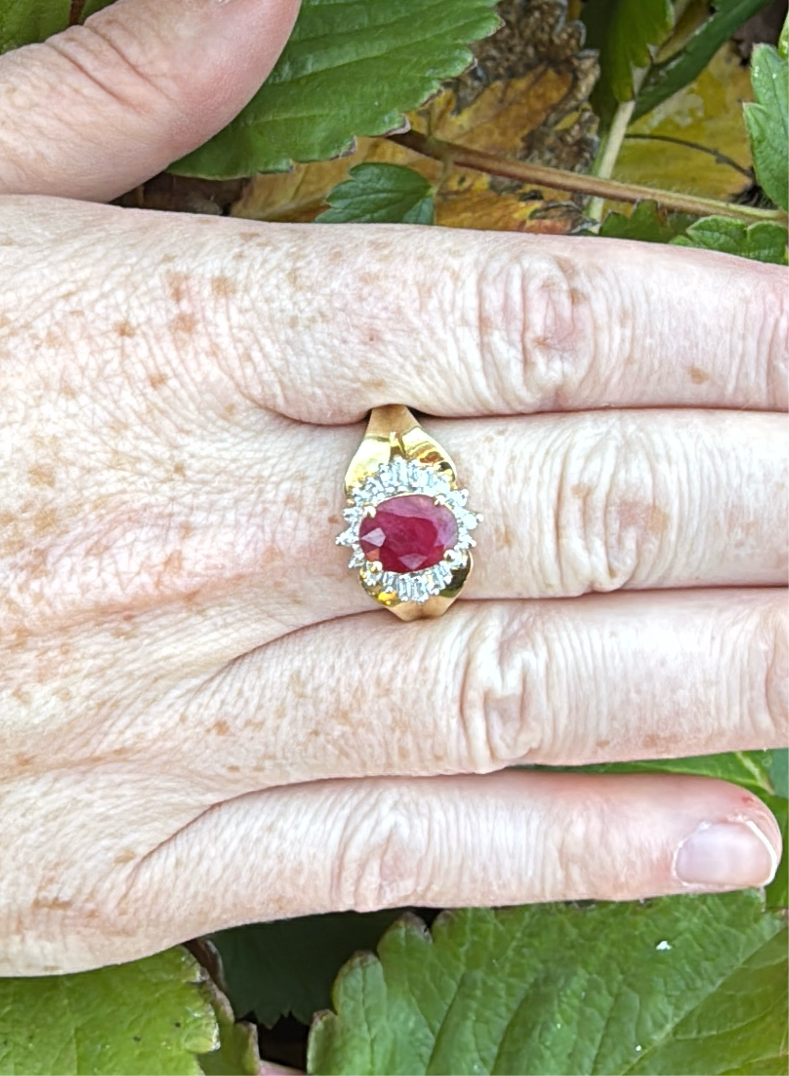 Ruby ballerina ring 7.5 14k yellow gold red halo diamonds on hand