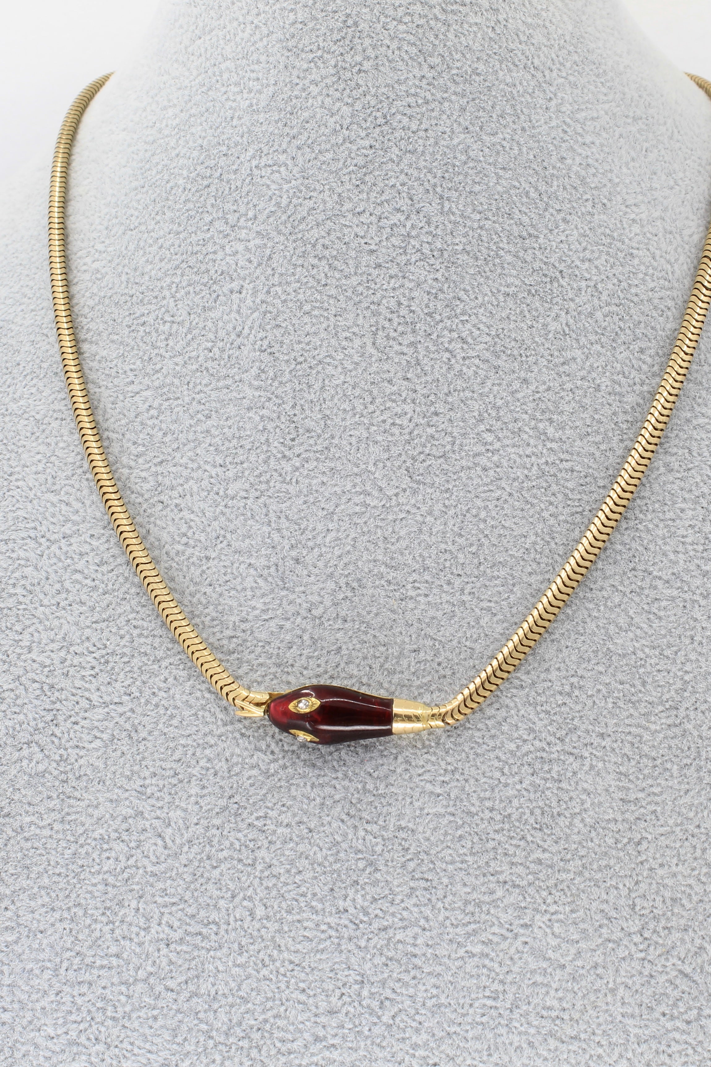 Snake Chain Necklace with Garnet and Diamond Snake - 14K Yellow Gold - 17”