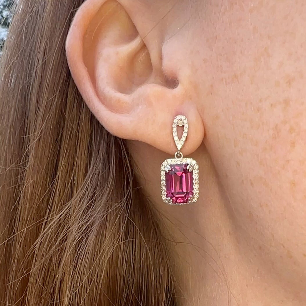 Mahenge Garnet Pink Earrings set in 14K White Gold being on ear.
