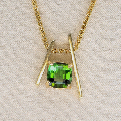 Green tourmaline asymmetrical pendant in 14k yellow gold