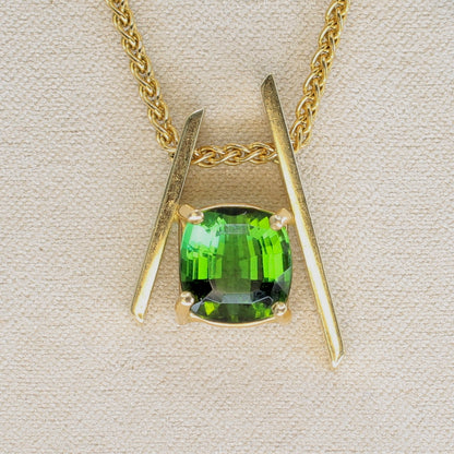 Green tourmaline asymmetrical pendant in 14k yellow gold