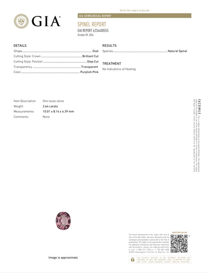 GIA Certificate Report Spinel Pink Lavender 2.64 carats oval