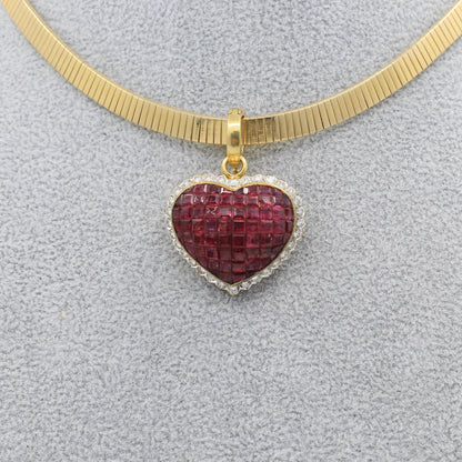 invisible set ruby heart pendant with a latching clasp and diamond accent.