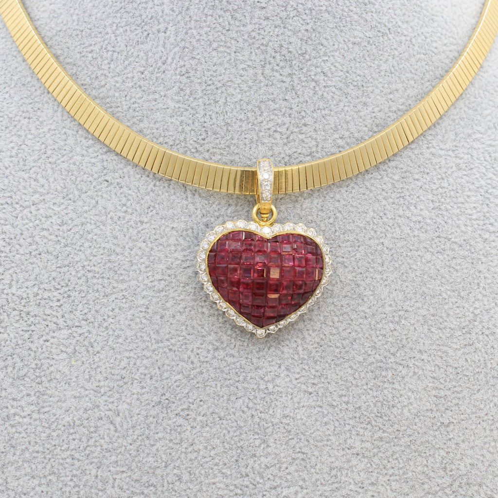 invisible set ruby heart pendant with a latching clasp and diamond accent.