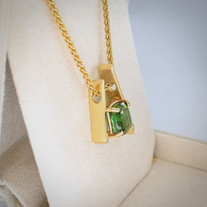 Green tourmaline asymmetrical pendant in 14k yellow gold