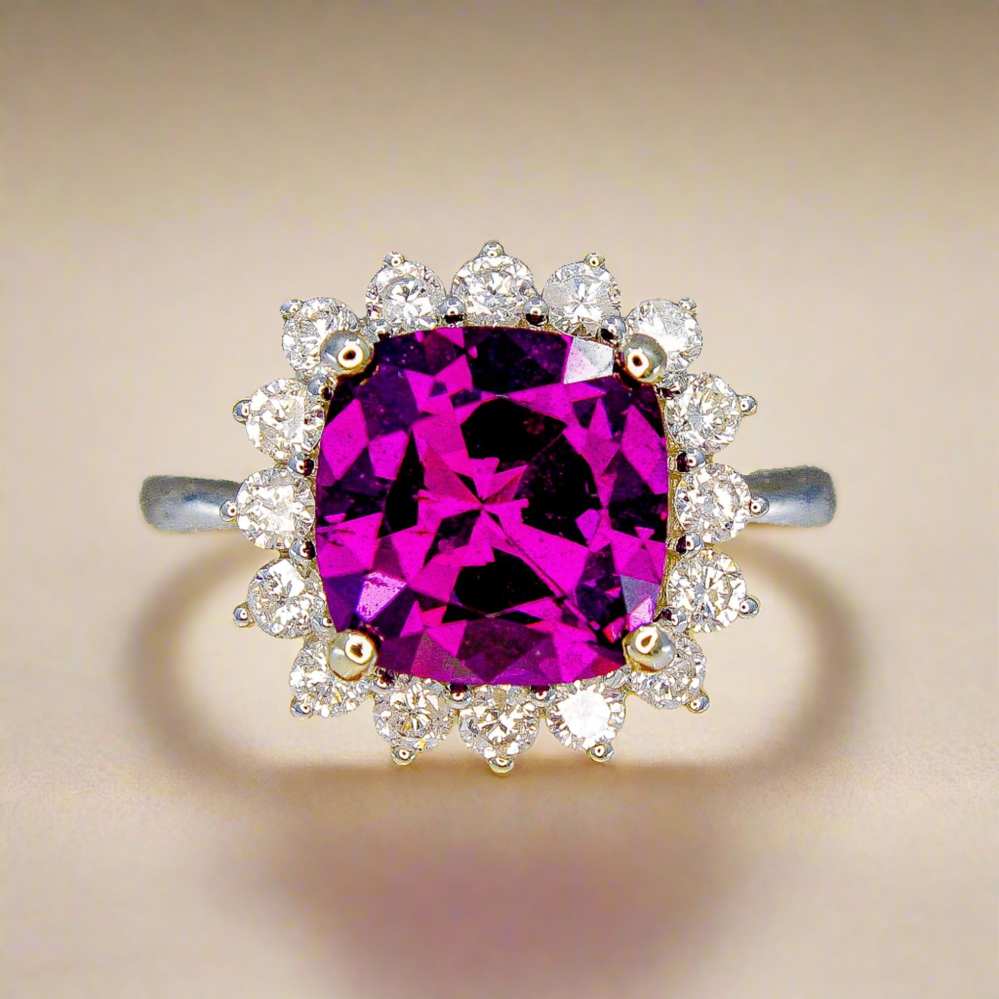 Royal Purple Garnet Ring in a Diamond Halo