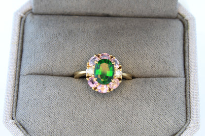 Unique Estate Green Chrome Tourmaline Ring 18K Yellow Gold with Pink Topaz and Diamond Accents