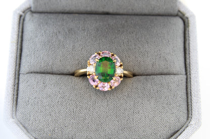 Unique Estate Green Chrome Tourmaline Ring 18K Yellow Gold with Pink Topaz and Diamond Accents