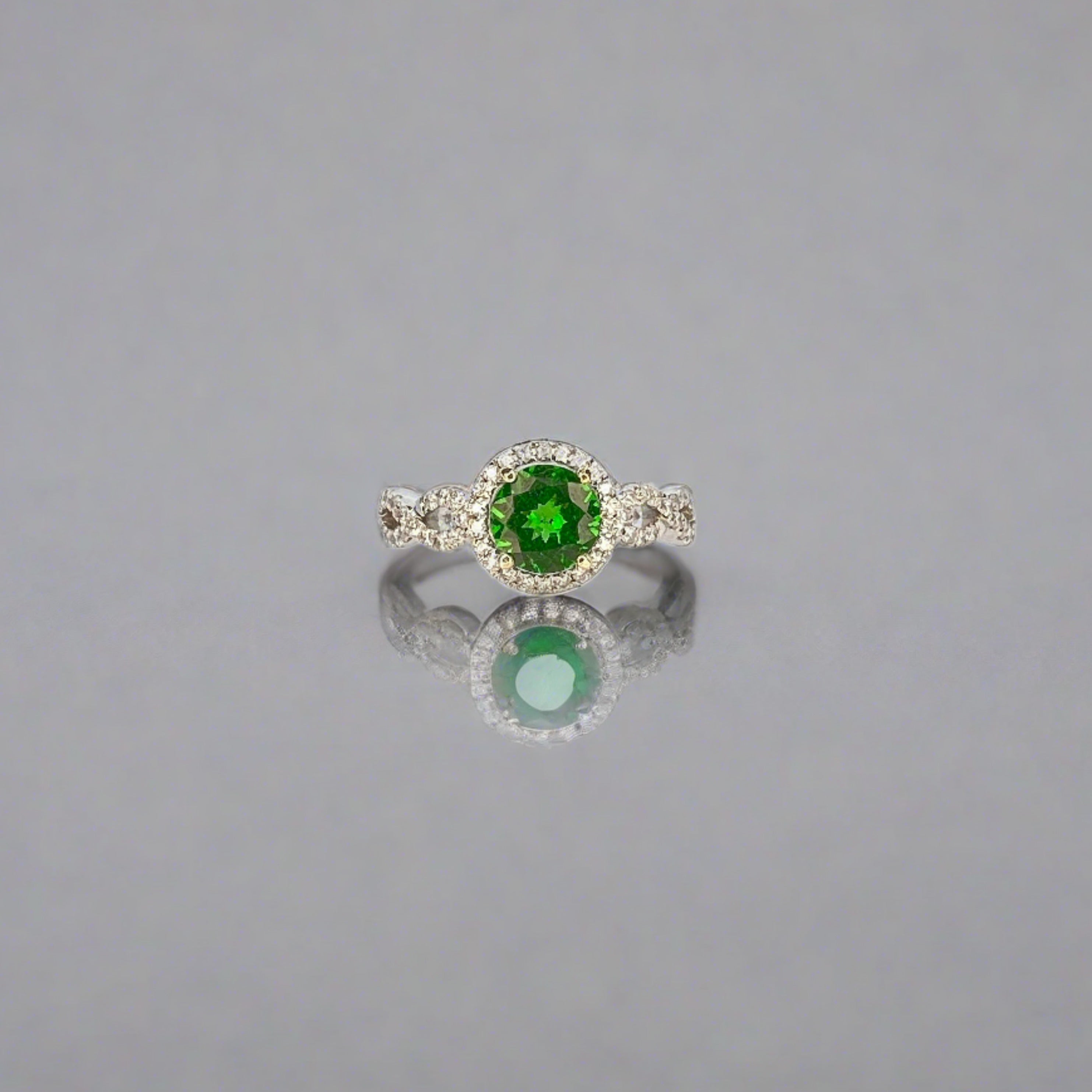 Vivid Green Tsavorite Garnet Ring in 14K white gold twisted setting with a halo