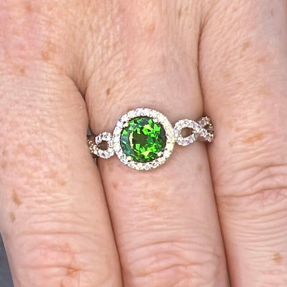 Vivid Green Tsavorite Garnet Ring in 14K white gold twisted setting with a halo
