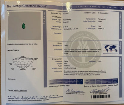 agl prestige report for 2.75 carat emerald zambia minor oil clarity enhancement vivid green