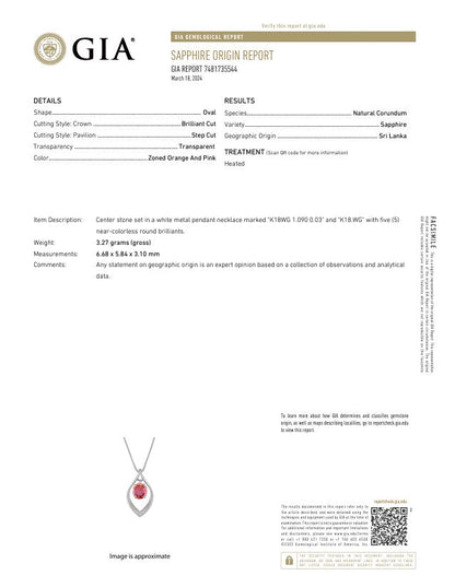 GIA Certified 1.09 Pink-Orange Zoned Sapphire Pendant - Sri Lanka / Ceylon