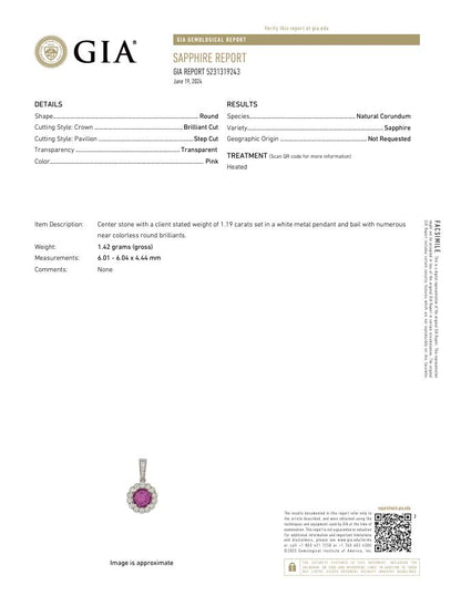 GIA Report for the pink sapphire in the pendant