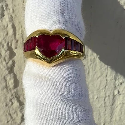 Vintage Lab and Natural Ruby Heart Ring - 18K Yellow Gold