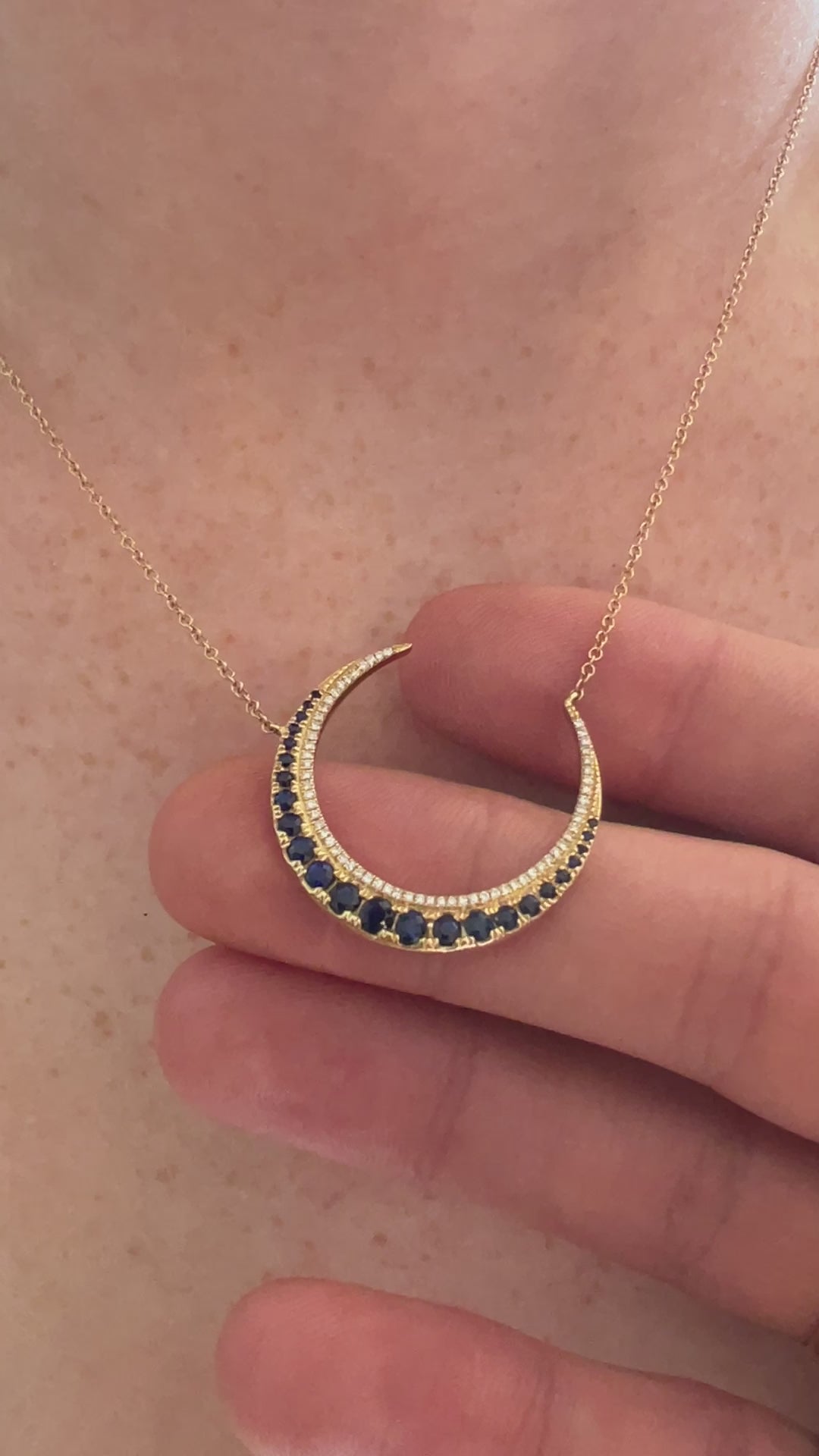 Blue Sapphire and Diamond Crescent Moon Necklace