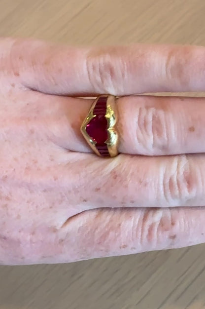 Lab Ruby ring yellow gold size 6 side rubies natural 18k on hand video