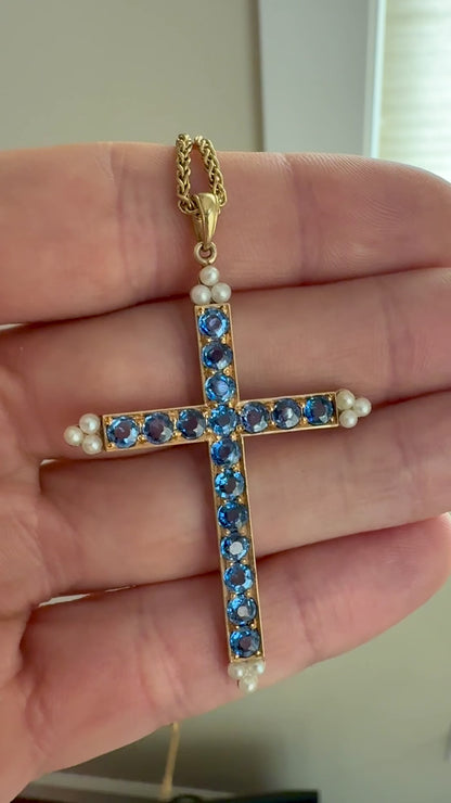 Video of Yogo Montana blue sapphire seed pearl pendant cross 14k gold antique