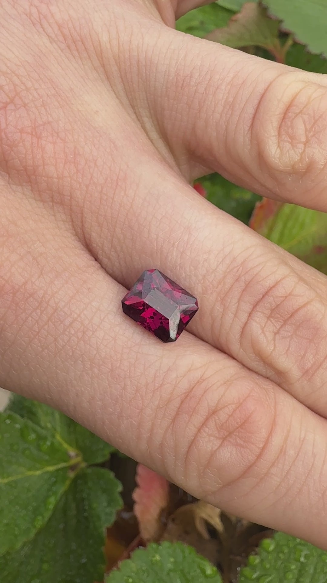 video of a rhodolite garnet 4 ct octagonal eye clean high quality on finger natural light