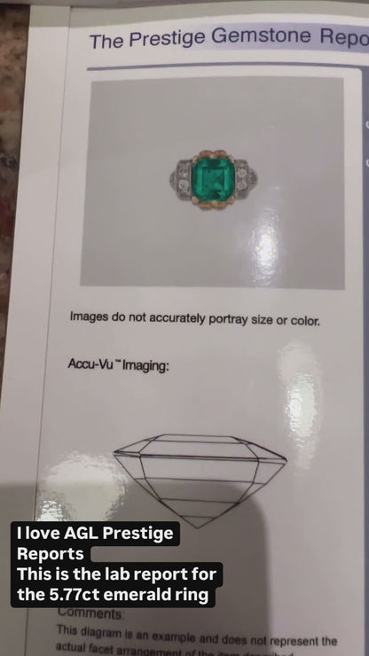 Stunning 5.77 Carat Columbian Emerald 18K Gold and Platinum Ring - AGL Prestige Report