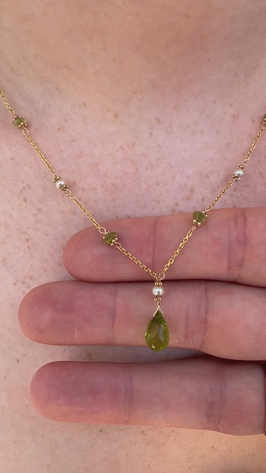 Peridot and pearl gold station necklace 