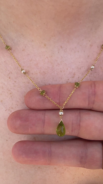 Peridot and pearl gold station necklace 