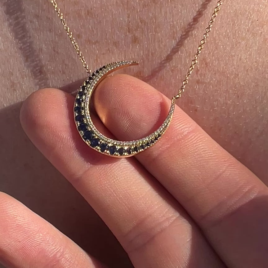 Blue Sapphire and Diamond Crescent Moon Necklace