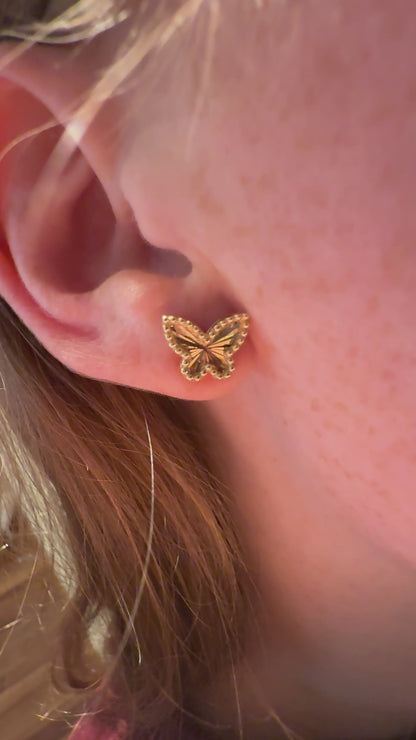 Engine Turned Butterfly Gold Stud Earrings