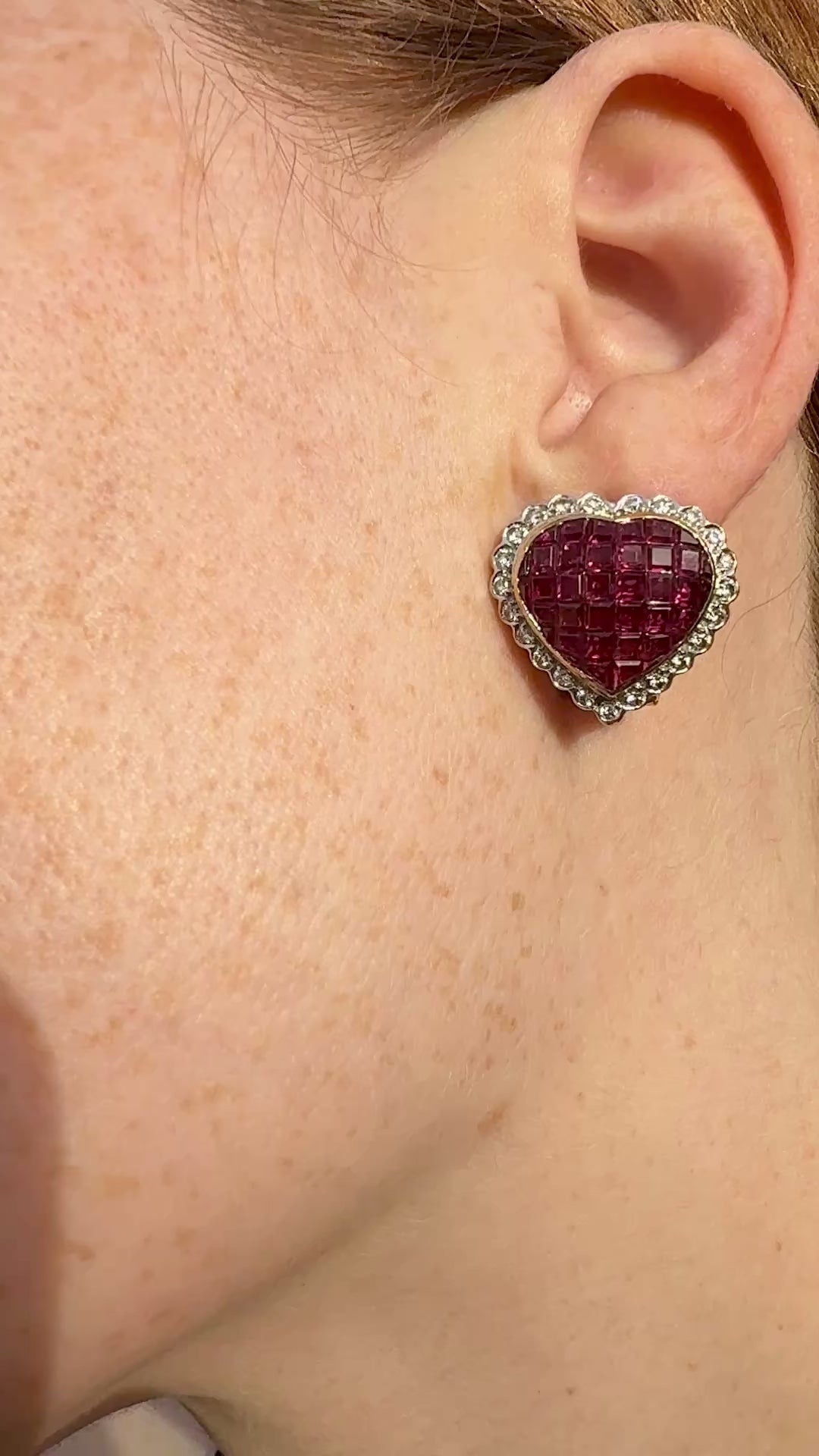 video of earring ruby diamond heart stud and omega clip earrings