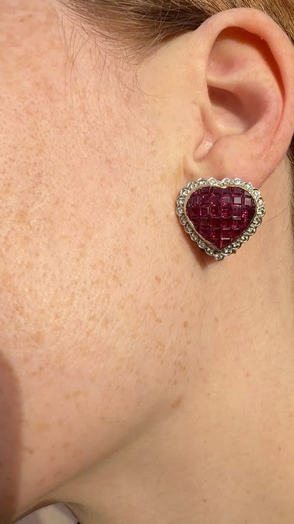 video of earring ruby diamond heart stud and omega clip earrings