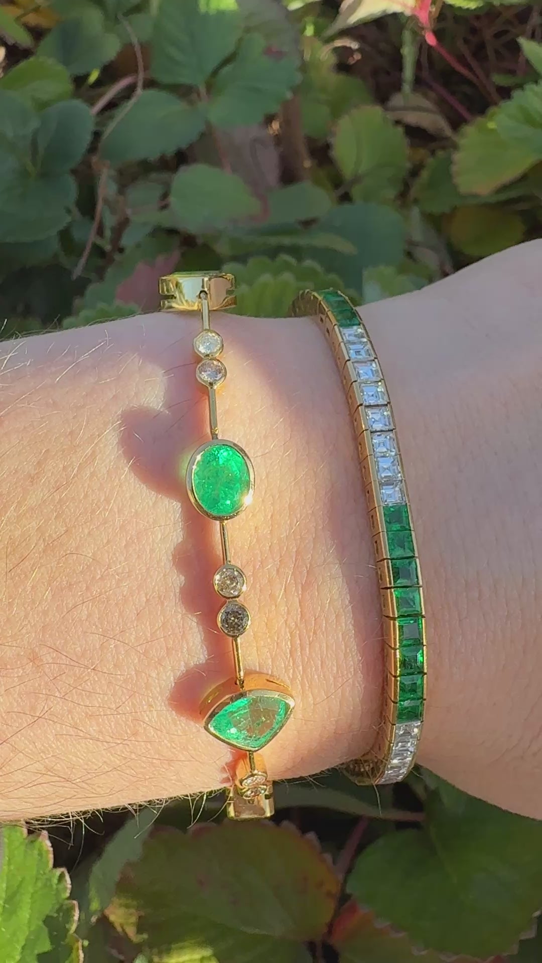 Emerald diamond and gold bracelet 18k gold link and tennis bracelet