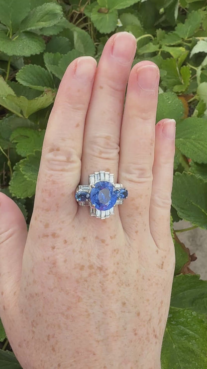 Art deco ceylon sapphire diamonds 18k white gold ring on hand natural light