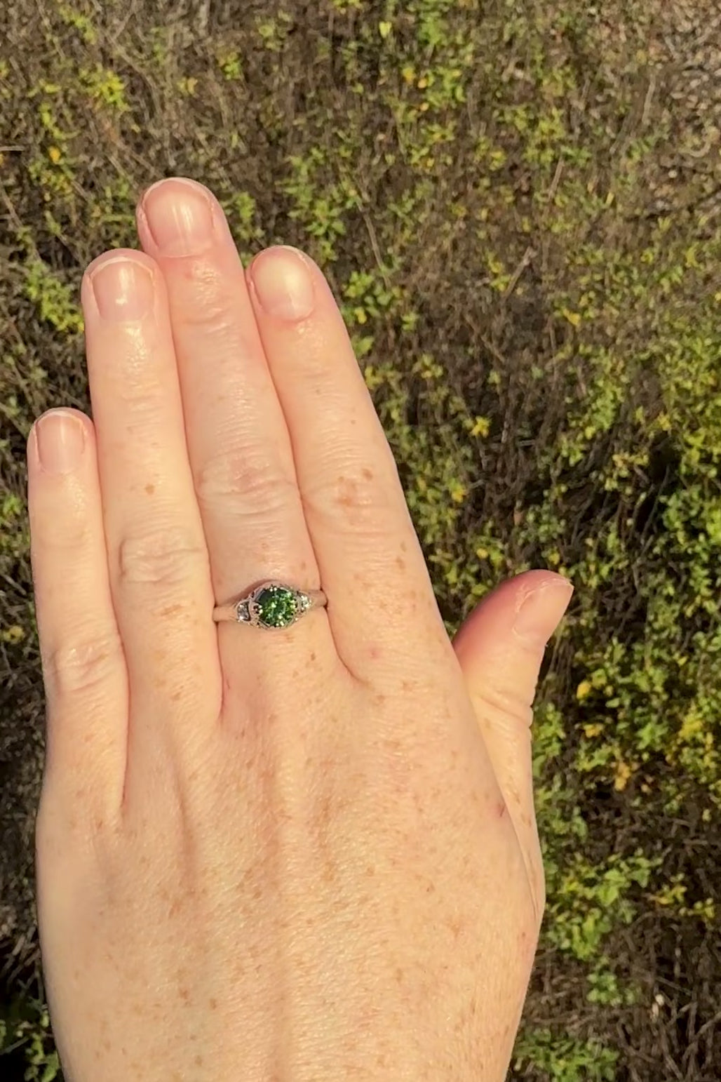 Filigree Green Sapphire and Diamond Ring - 18K White Gold